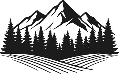 Mountain landscape vector illustration with jagged peaks, evergreen forest, plowed farmland rows, minimalistic black and white decorative nature artwork © MUSTARIN