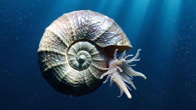 Nautilus shell creature with tentacles underwater