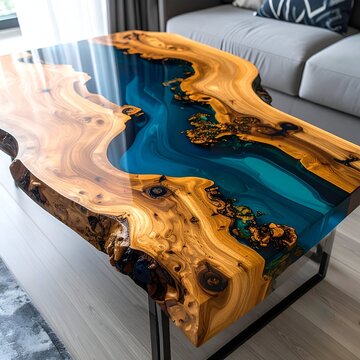 Wooden epoxy table surface close up