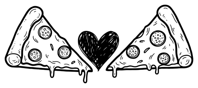 Hand drawn doodle of two pepperoni pizza slices with a heart in between representing food love