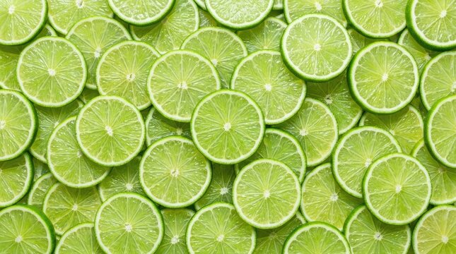 Numerous lime slices are arranged in a dense, overlapping pattern. The lime slices are vibrant green and have visible seeds.