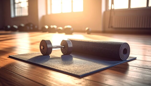 Workout mat and weights indoor gym