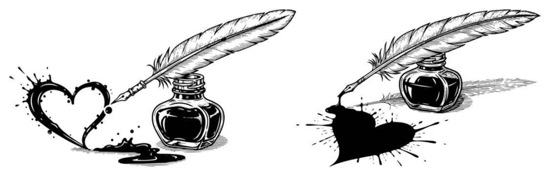 Artistic sketch of a quill pen with an inkwell creating a heart shape out of ink splashes