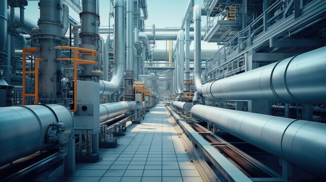 Industrial chemical plant infrastructure filled with numerous pipes and tubes on a tiled pathway, highlighting the intricate engineering and manufacturing processes for energy and power production