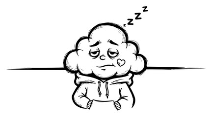 Fototapeta premium Tired cloud character wearing a hoodie looking exhausted in hand drawn sketch style