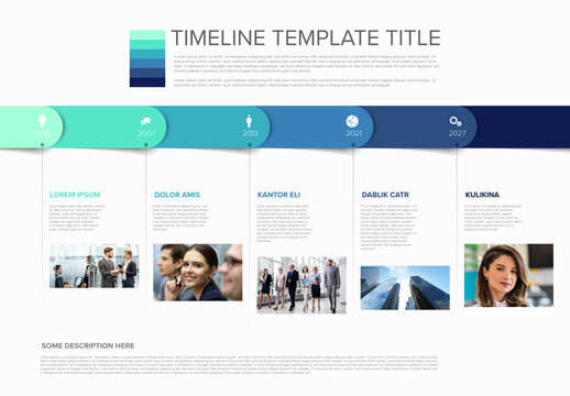 Professional Business Timeline Infographic Template with Blue Items and Photo Placeholders
