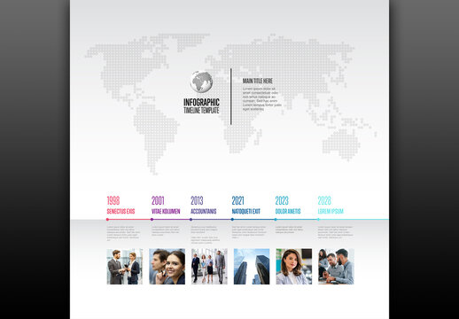 Business Infographic Timeline Template with World Map Background and Photo Placeholders