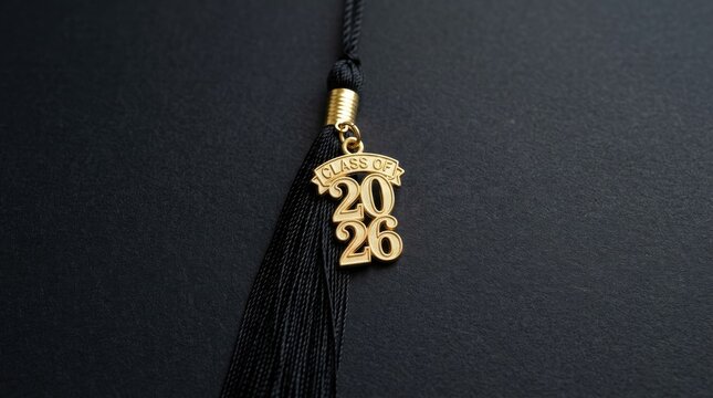 A graduation tassel hangs against a black background. The tassel displays the text "Class of 2026" in gold lettering with the number "26" below it.