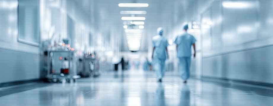 Blurred, blue-toned hospital hallway with two medical professionals walking away