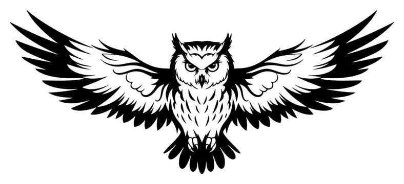 Majestic owl spreading its wings in flight detailed black and white vector illustration