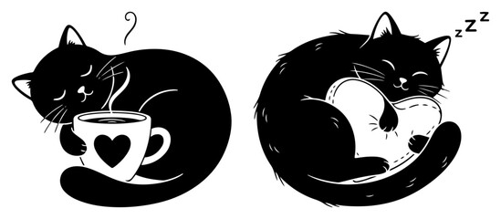 Adorable black cats cuddling with a coffee cup and a heart shaped pillow © Mago