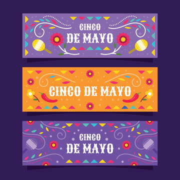 Cinco de mayo banners with festive decorations and colorful designs