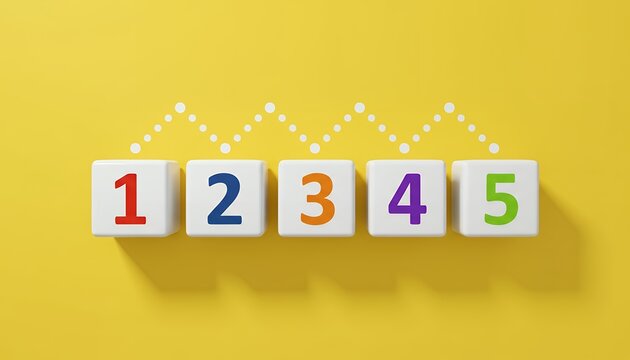 Five white cubes numbered one through five are arranged in a row with a dotted line graph above them on a bright yellow surface numbers counting education learning sequence