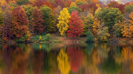 Fototapeta premium Vibrant autumn forest with colorful fall foliage reflected in calm lake landscape
