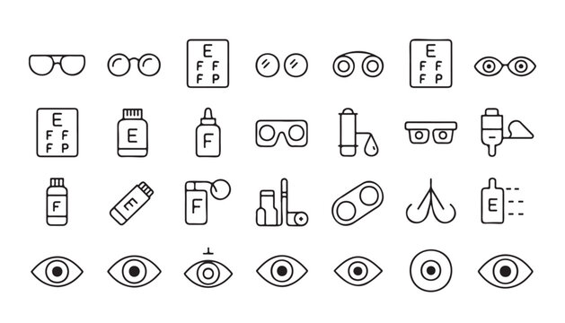 Optometry and ophthalmology icon set featuring eye care equipment vision testing tools and ocular health items.