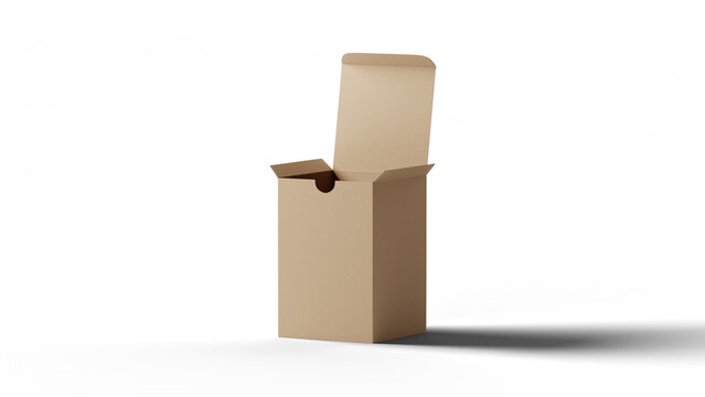 An empty brown open cardboard box isolated on a white background for shipping and storage delivery packaging, featuring a 3d vector illustration of a paper carton transport container
