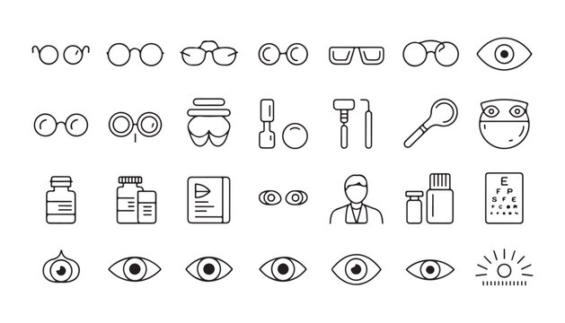 Eye health and optometry icons featuring vision testing equipment spectacles and medical eye care products.