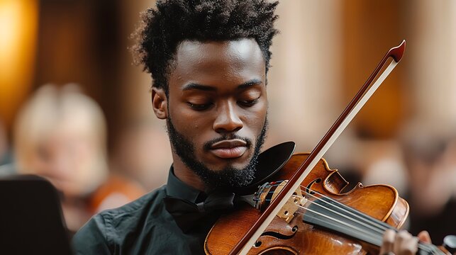 A Black man in a black shirt and bow tie plays the violin with his eyes closed an orchestra blurred in the background
