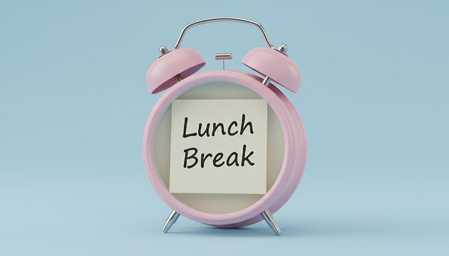 Retro pink alarm clock with a square note attached to its face displaying the text Lunch Break in black cursive font time pause rest midday schedule notification reminder