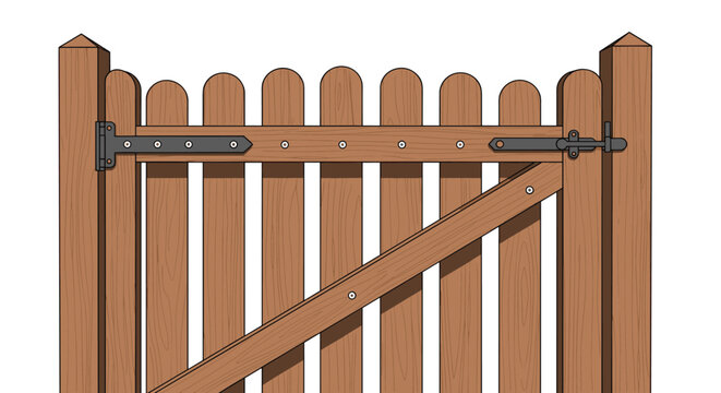 Traditional wooden garden gate with a vertical picket design and black metal hinges and latch on a clean white background.