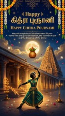 Obraz premium Woman dancing under moonlight with temple background celebrating chitra pournami festival