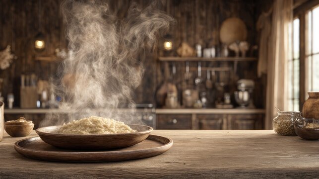 Hot steaming grain dish rests on a rustic wooden table in a dimly lit country kitchen setting