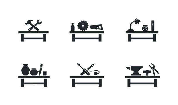 Collection of workshop and craft icons on tables, representing different trades and hobbies