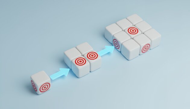 White cubes with red bullseye targets arranged in an ascending line with directional arrows indicating progress and achievement 170 characters business strategy success goal