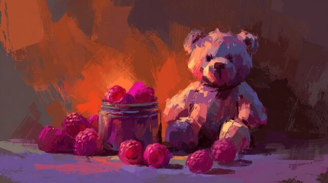 Impressionistic artwork depicts a stuffed bear beside a jar filled with brightly colored berries