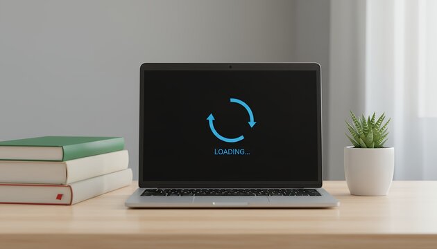 Modern laptop displaying a blue loading spinner and text on its screen placed on a wooden desk next to a stack of books and a potted succulent waiting progress process buffering
