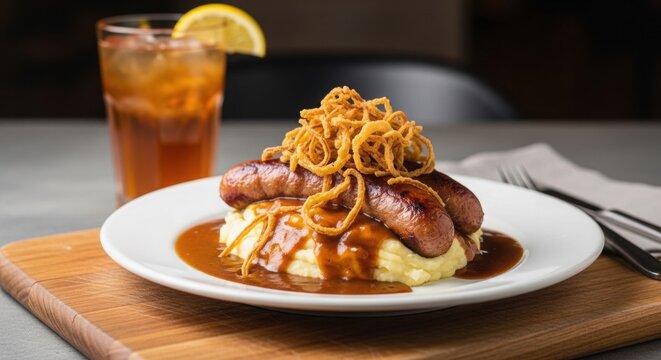 Savory meatloaf and mashed potatoes with crispy onions and gravy