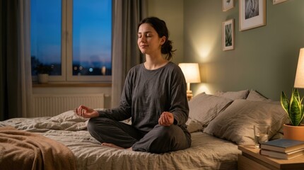 Obraz premium A woman sits in a meditative pose on a bed in a bedroom. She is practicing mindfulness, focusing on her breath.