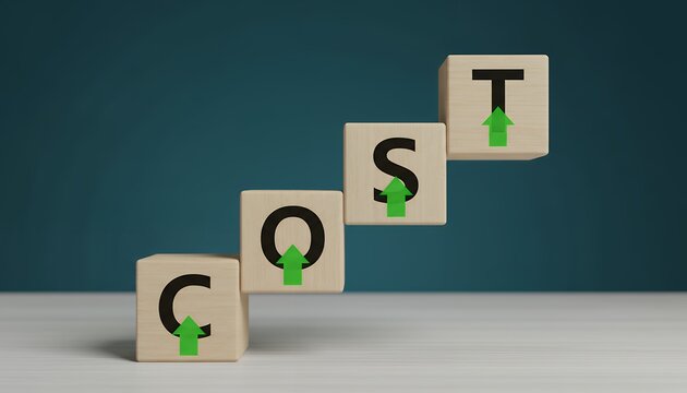 Wooden cubes with letters spelling COST and green upward arrows indicating rising expenses or financial growth 168 characters increase symbol business concept block finance