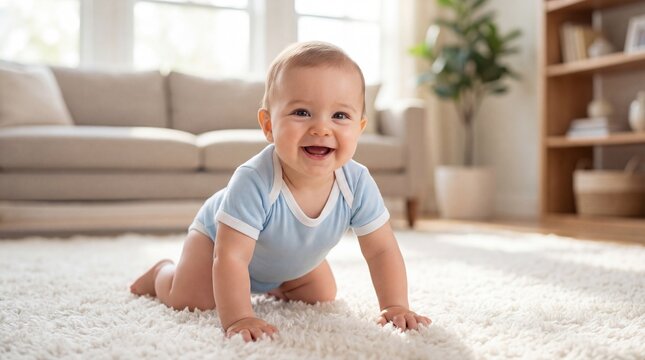Cute baby crawling on floor at home smiling happy childhood and development concept