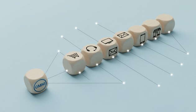Wooden cubes with various communication and retail icons arranged in a line connected by lines to glowing dots with one cube showing the word OMNI 176 characters omni channel