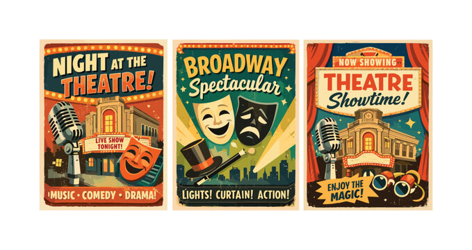 Vintage Theatre Show Posters Featuring Marquees, Microphones, and Masks