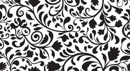 Monochrome Vintage Baroque Floral Silhouette Ornament Background © RASNA