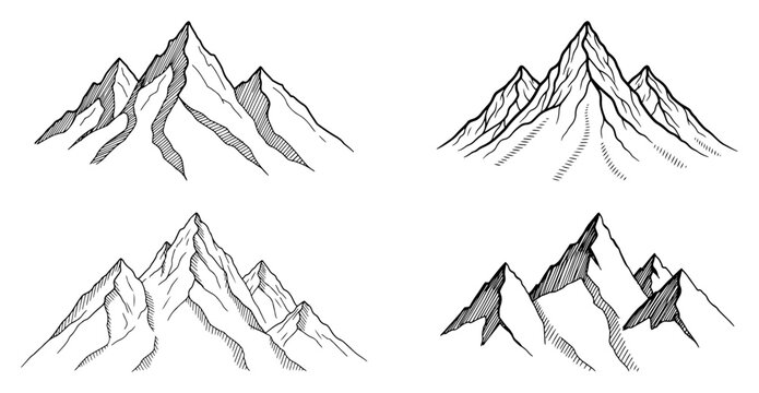 Set of hand drawn mountain peak sketches with engraving shading style vector illustration