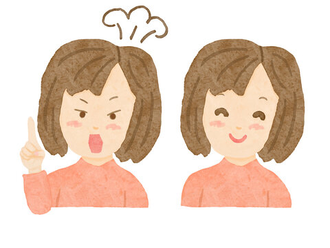 白バックに上半身の女性が二人、指差しして怒っている人と笑顔で笑っている女性のイラスト