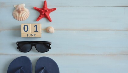 A flat lay composition featuring beach essentials including seashells a red starfish a calendar showing June 1st sunglasses and navy flip flops arranged on a pale blue wooden surface