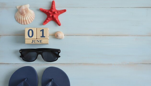 A flat lay composition featuring beach essentials including seashells a red starfish a calendar showing June 1st sunglasses and navy flip flops arranged on a pale blue wooden surface