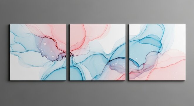 A triptych of abstract art with pastel colors and swirling patterns on a gray background.