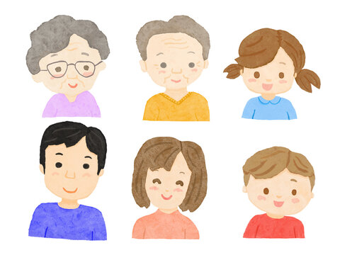 白バックに上半身の夫婦と姉弟と老夫婦が笑っている家族イラスト