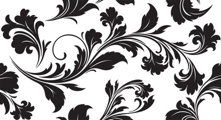 Seamless Black Floral Damask Pattern with Baroque Scroll Ornaments © RASNA