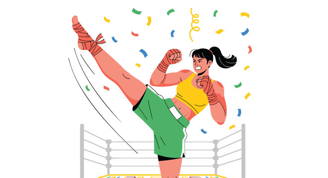 Female boxer kicking, victorious kickboxer celebrating, woman in boxing ring, kickboxing champion