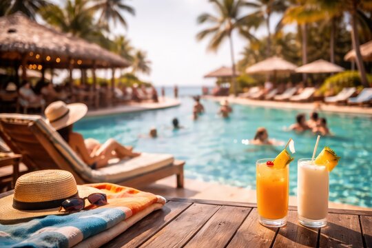 blurred background of tropical resort pool vacation cocktails straw hat sunglasses towel summer holiday relaxation luxury getaway beachfront hotel drinks