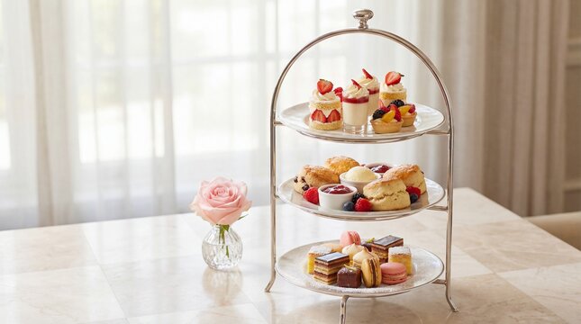 Three tier dessert stand with cakes and pastries elegant food display in cafe setting