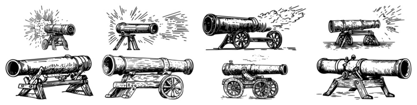 Vintage artillery cannon set with shooting and static guns in woodcut engraving style vector illustration