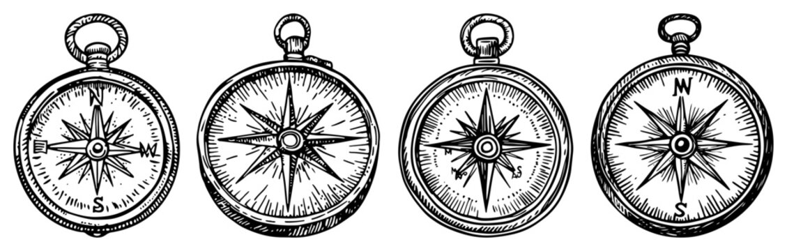 Hand Drawn Vintage Nautical Compass Set with Directional Roses in Engraving Style