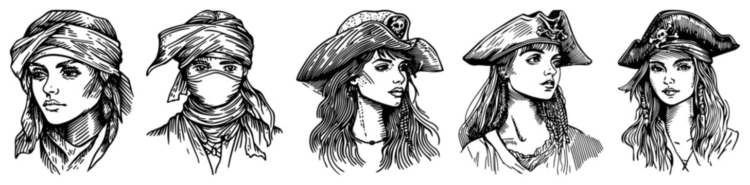 Female pirate and nomad portrait vector illustration set with captain hat and bandana in sketch style